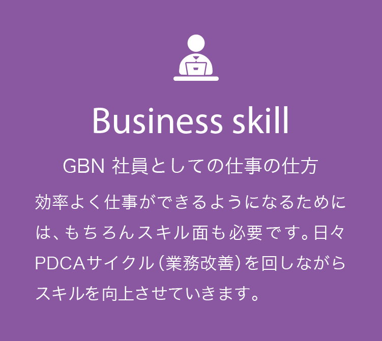 Business skill GBN社員としての仕事の仕方 効率よく仕事ができるようになるためには、もちろんスキル面も必要です。日々PDCAサイクル（業務改善）を回しながらスキルを向上させていきます。