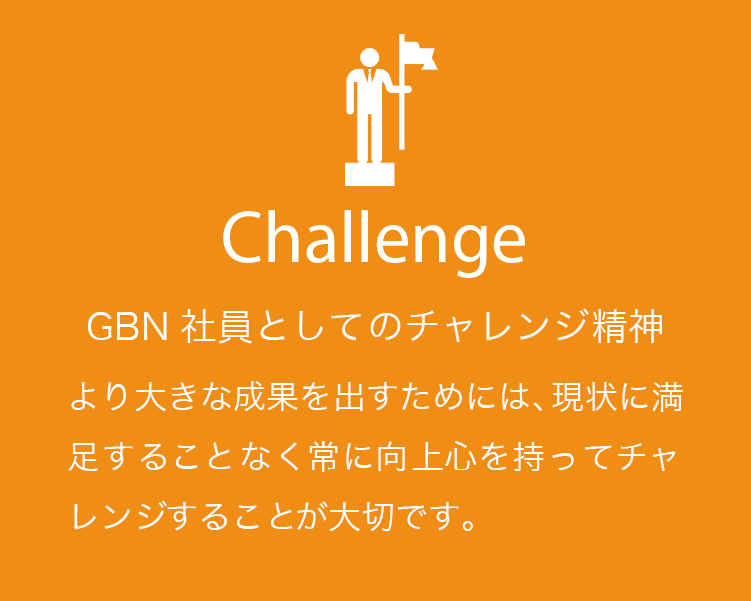 Challenge GBN社員としてのチャレンジ精神 より大きな成果を出すためには、現状に満足することなく常に向上心を持ってチャレンジすることが大切です。