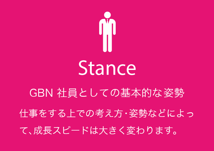 Stance GBN社員としての基本的な姿勢 仕事をする上での考え方・姿勢などによって、成長スピードは大きく変わります。